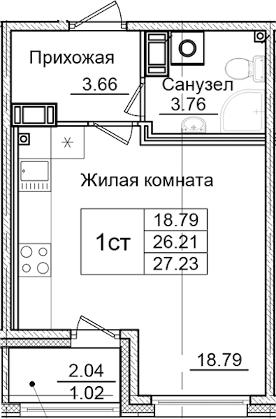 Квартира студия 27.23 м², 2/9 эт., ЖК «Квартал Заречье»